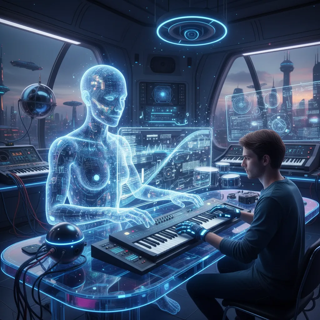 Human musician collaborating with AI in a futuristic studio