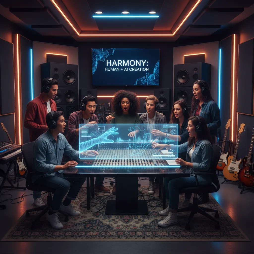 Diverse musicians collaborating with AI in a recording studio