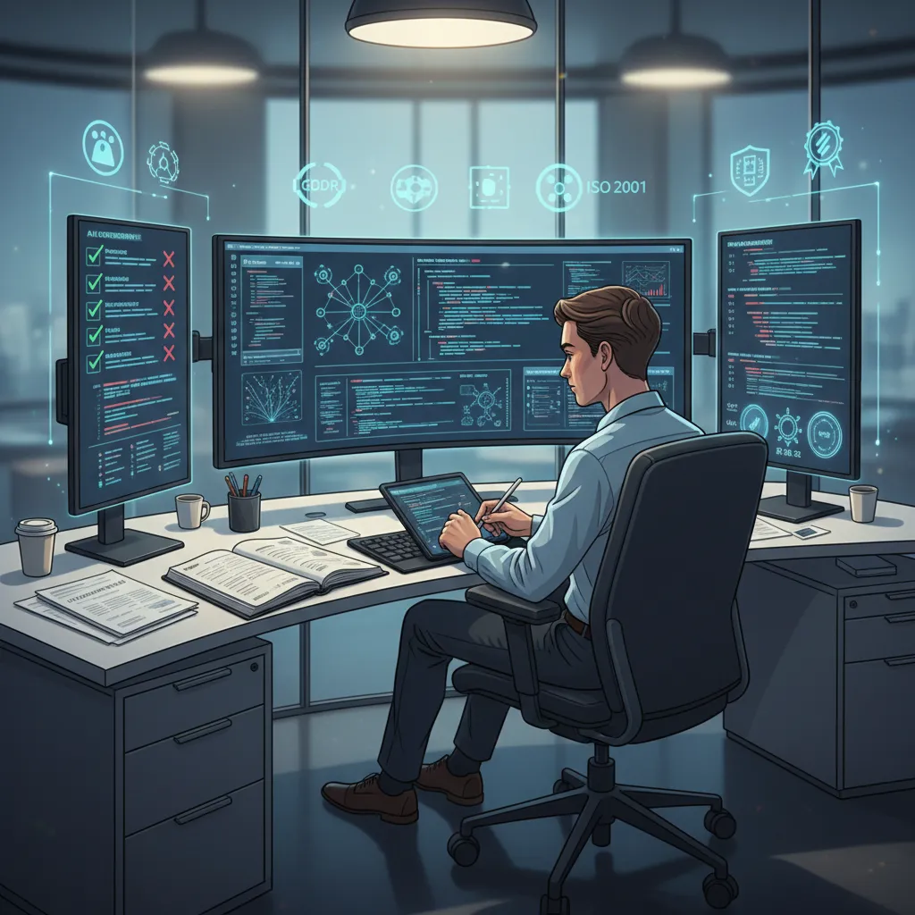 Person reviewing AI model outputs on screens, surrounded by compliance symbols, emphasizing human oversight.