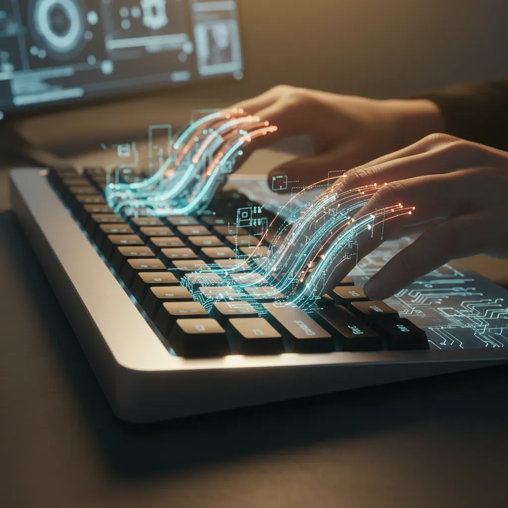 A professional at their desk efficiently typing, with AI-powered productivity tools visible on their screen.