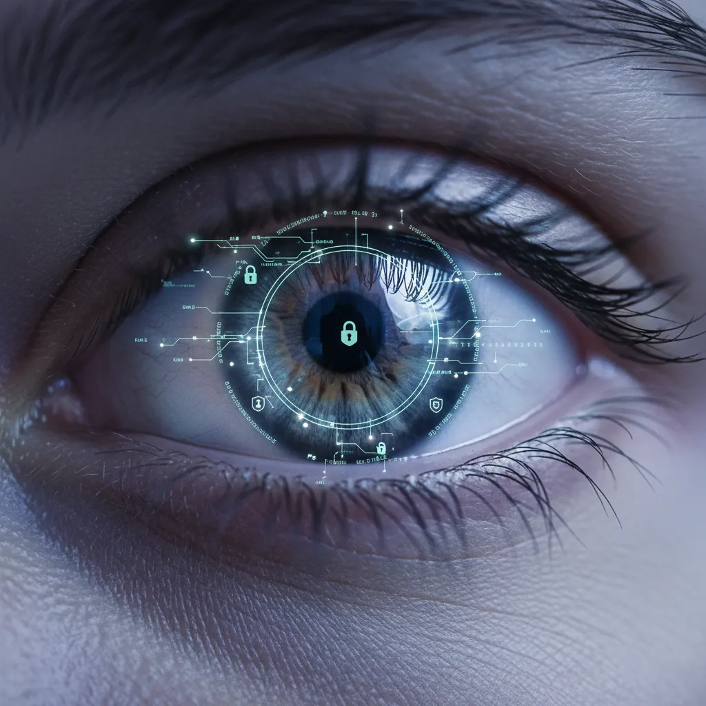 Human eye with digital data streams, representing on-device AI data protection