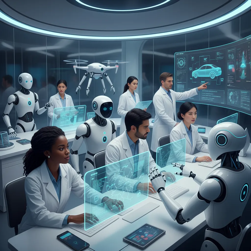 People working with robots in a research lab