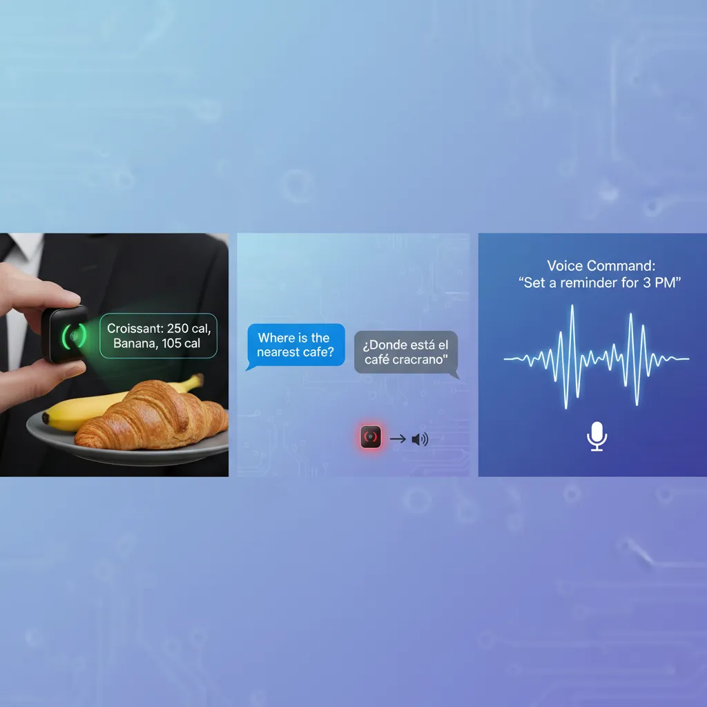 A photo montage showcasing the top three features of the Humane AI Pin: the AI-powered camera, real-time translation, and voice-activated search.