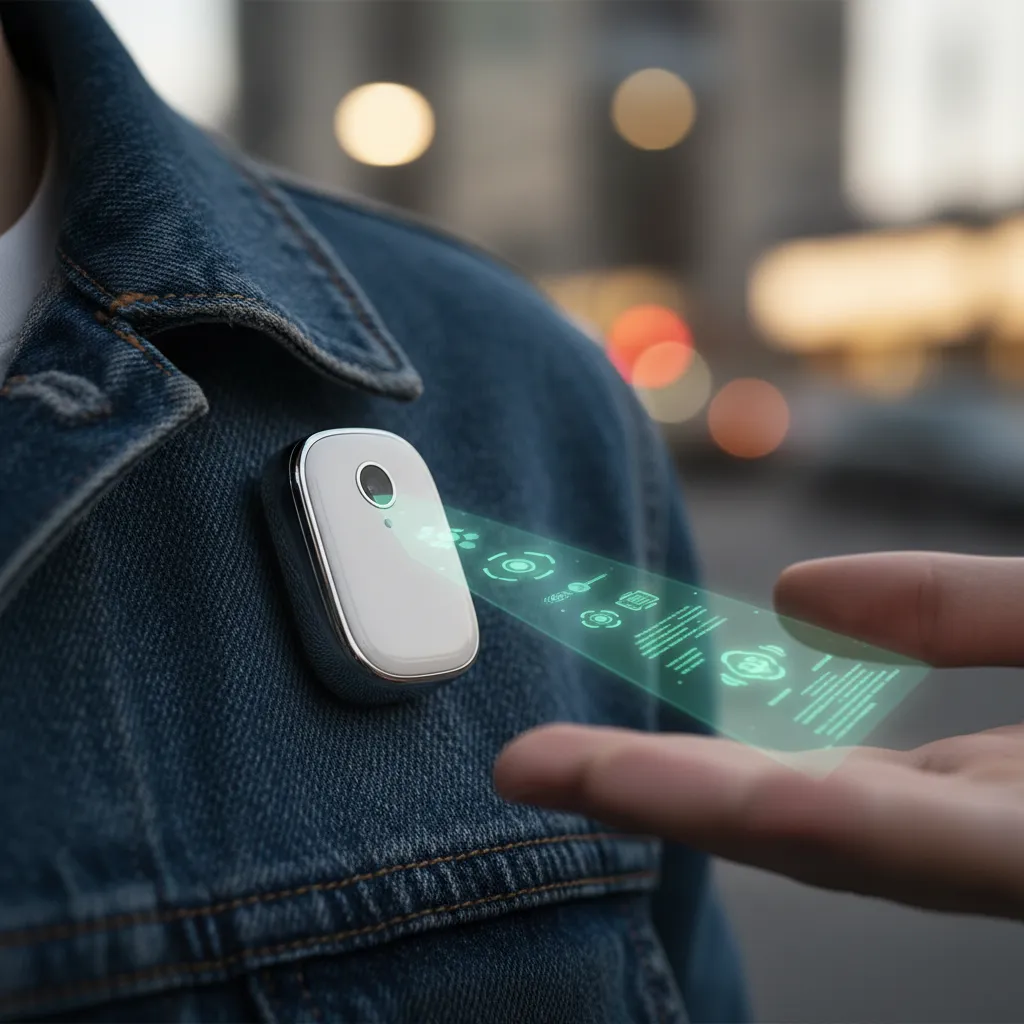 Close-up shot of the Humane AI Pin clipped to a stylish jacket, with the user subtly interacting with it.