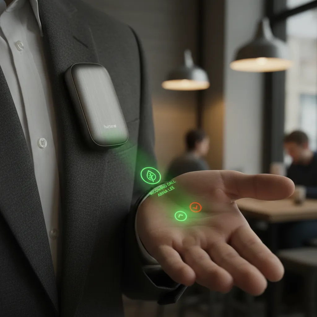 A close-up view of the Humane AI Pin projecting its laser ink display onto a person's palm, showing a weather update.