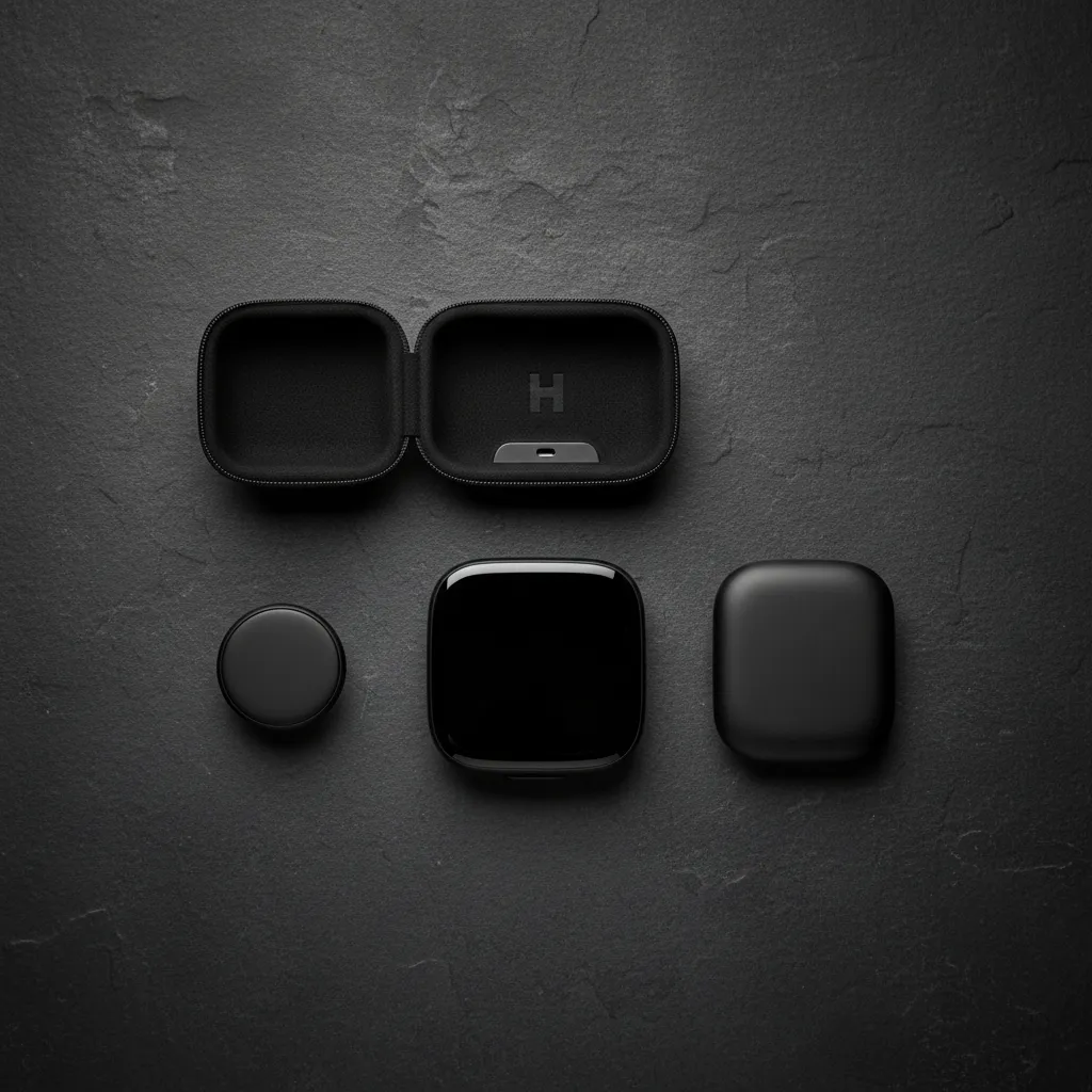 A top-down view of the complete Humane AI Pin kit, including the device, battery boosters, and charging case, arranged neatly on a minimalist desk.