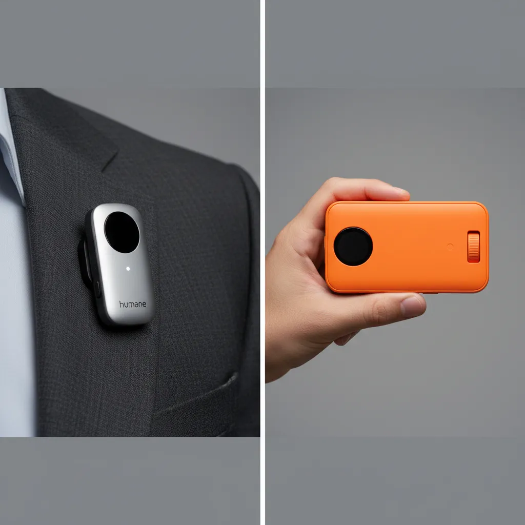 A side-by-side comparison of the Humane AI Pin on a lapel and the Rabbit R1 device held in a hand, representing the new wave of AI hardware.