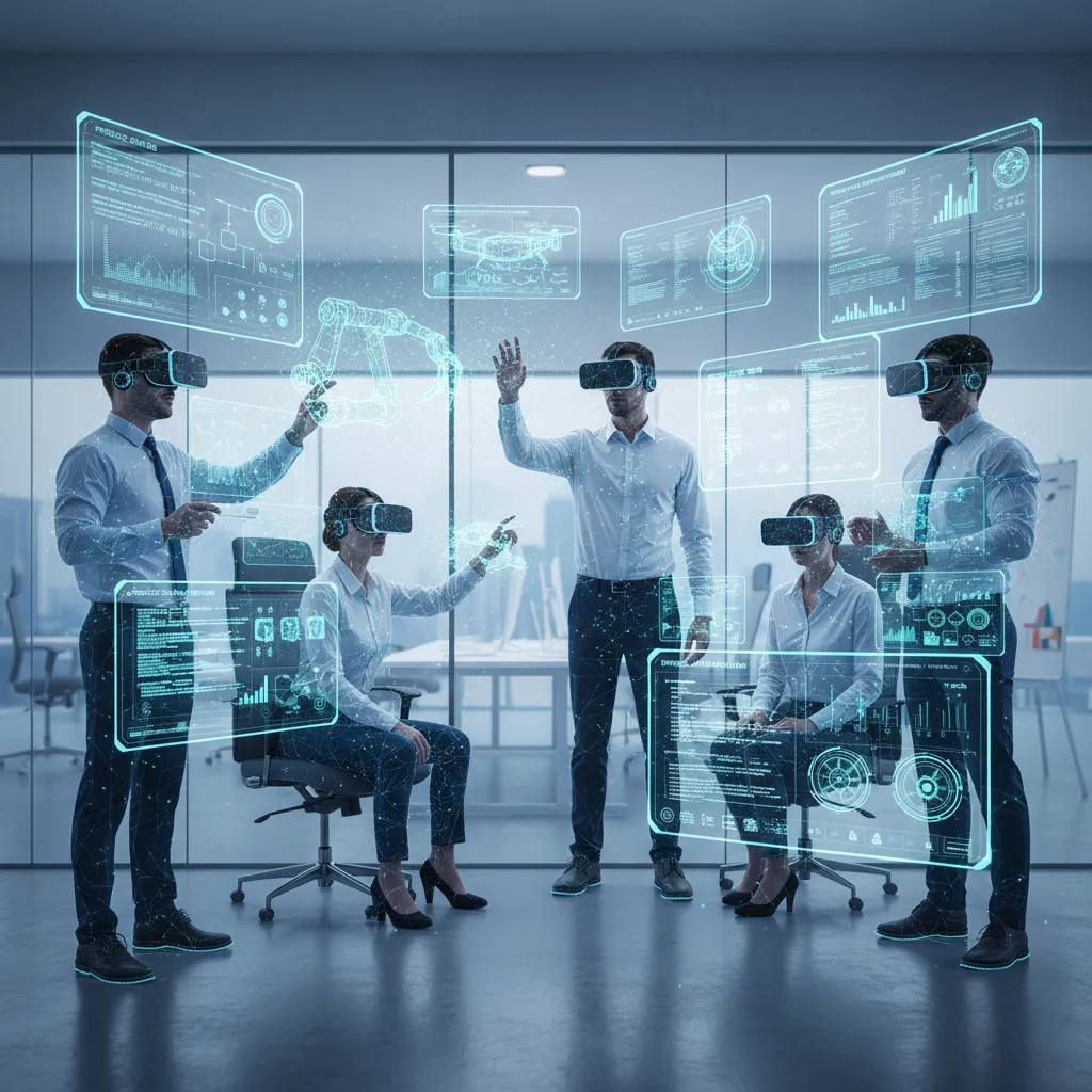 Employees in VR/AR headsets doing AI corporate training