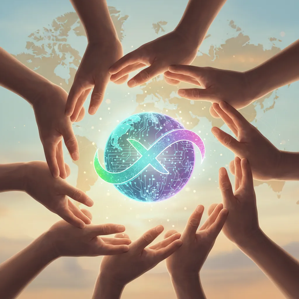 Symbolic image of a glowing open-source logo being supported by a diverse community of hands.