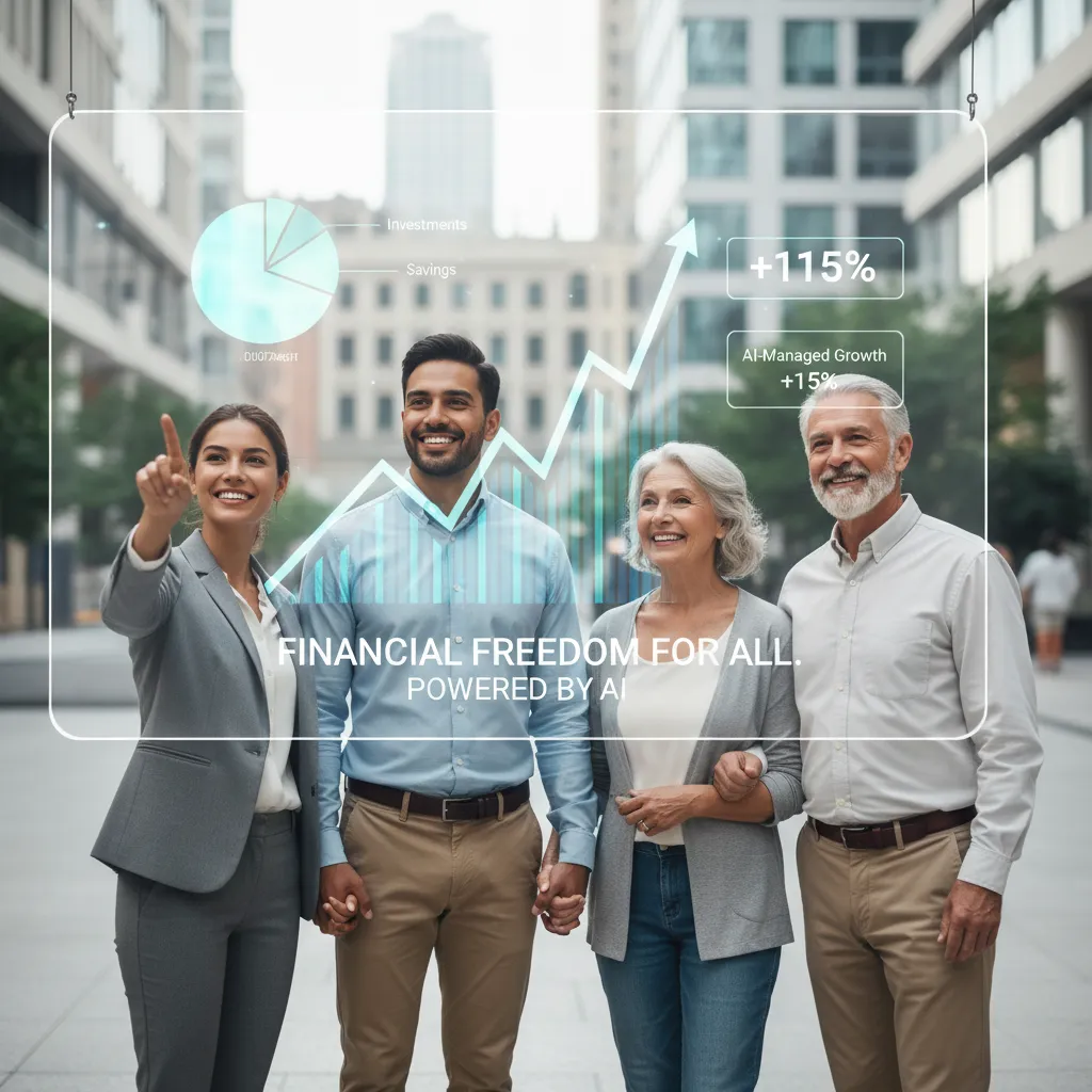 Diverse group viewing AI-managed financial progress