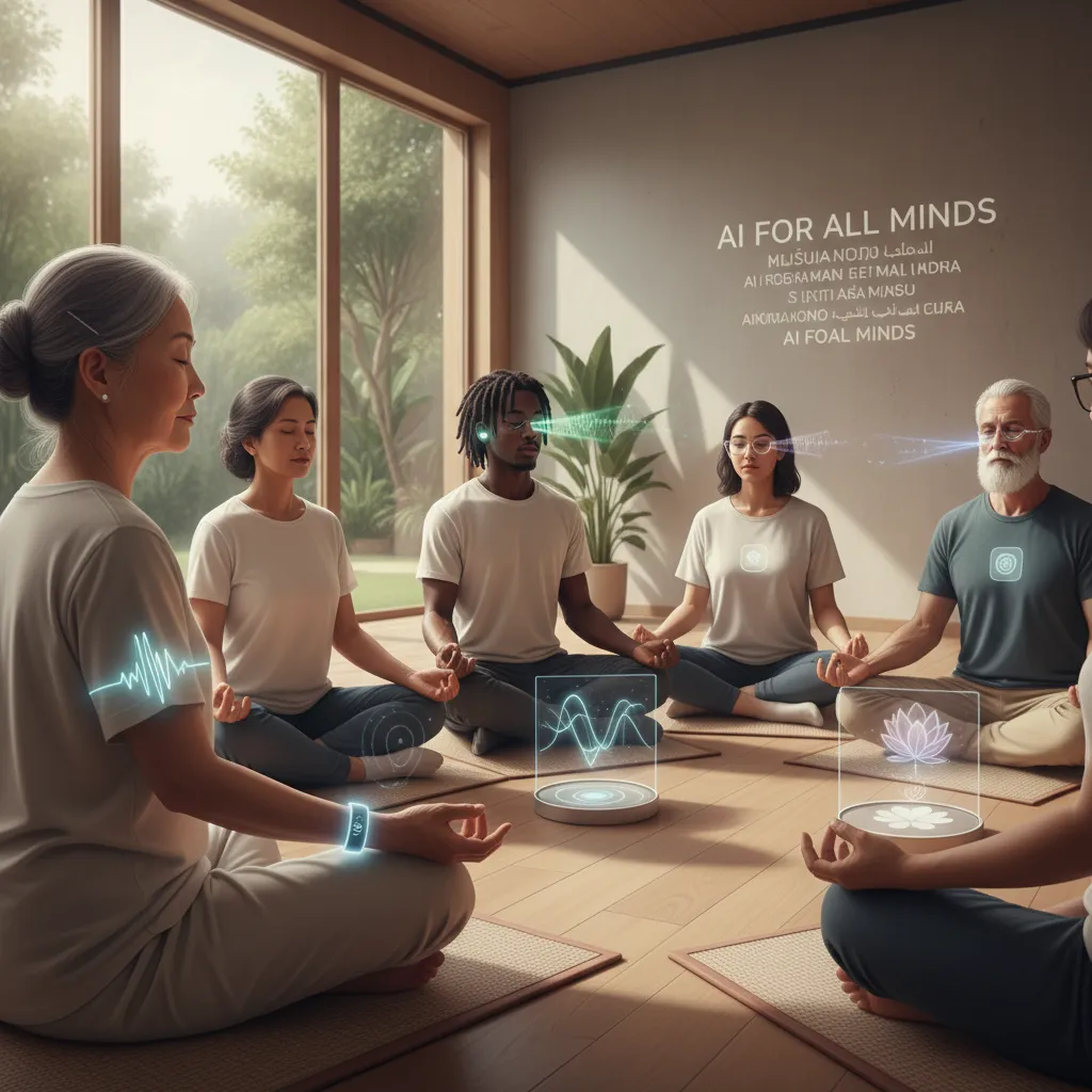 Diverse group using AI for mindfulness with wearables