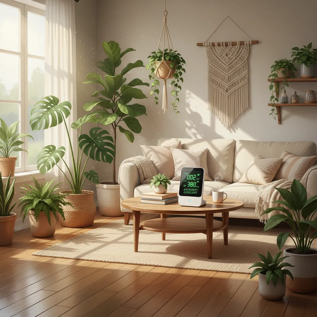Living room with air quality monitor and indoor plants