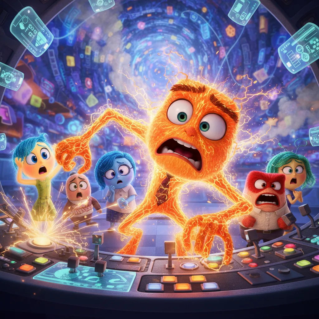 The character Anxiety from Inside Out 2, depicted as a frantic, orange nerve-like figure, taking over the control console in Riley's mind.