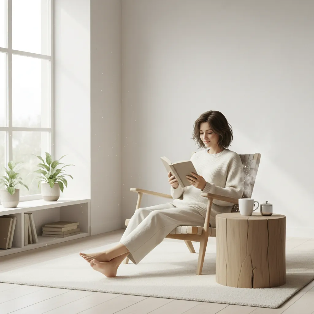 Person relaxing with a book in a minimalist, sunlit room.