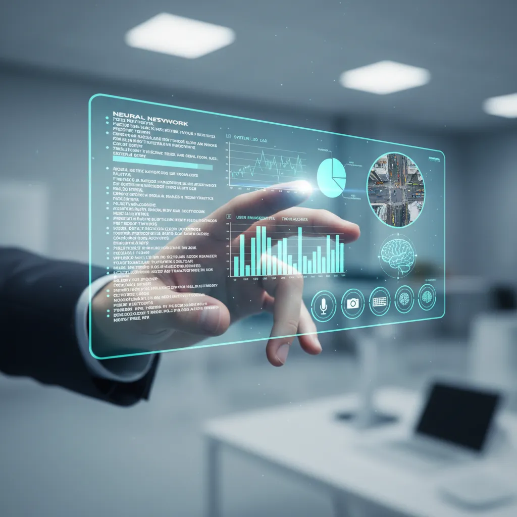 Human hand interacting with holographic multimodal AI interface