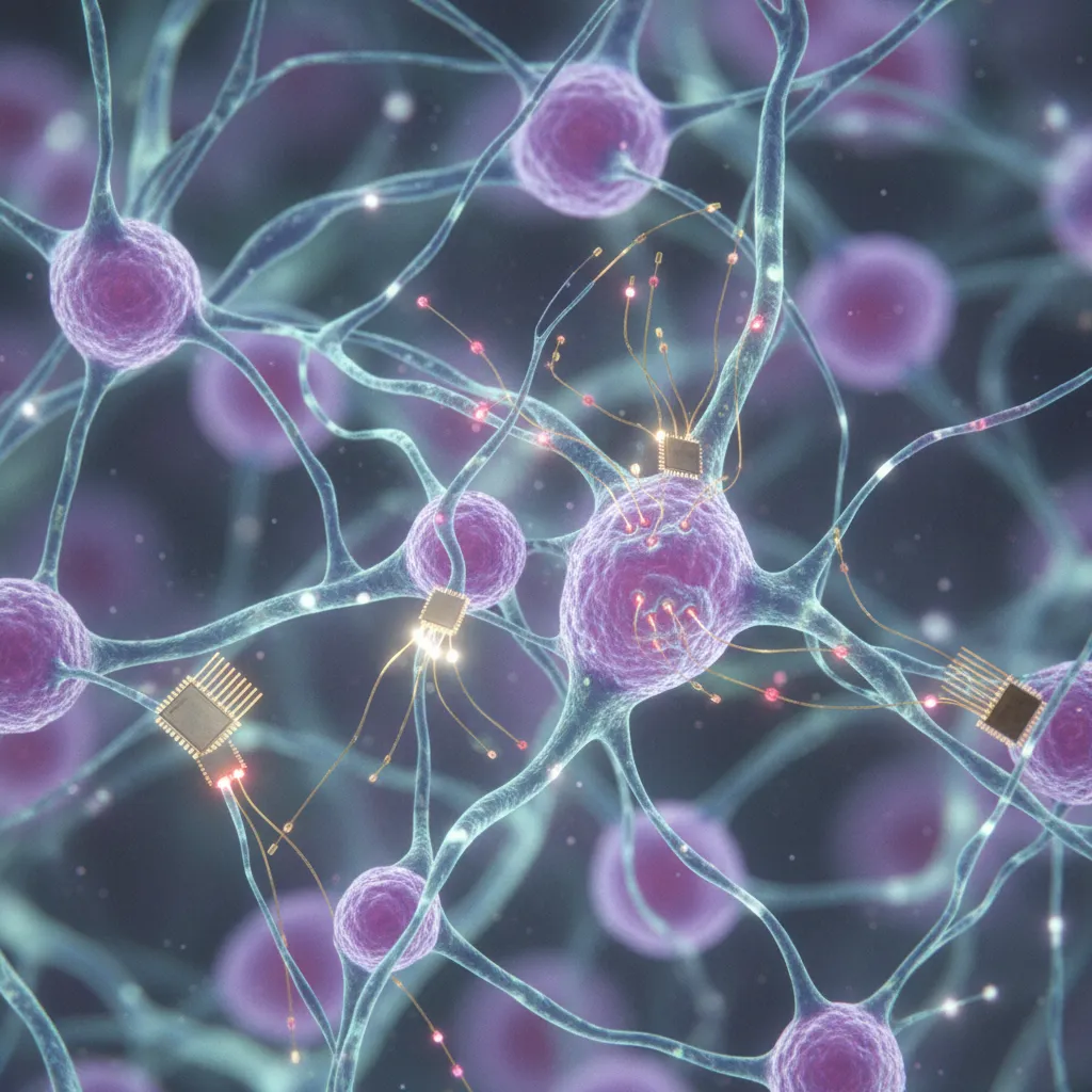 Microscopic view of neural pathways with tiny invasive brain-computer interface implants