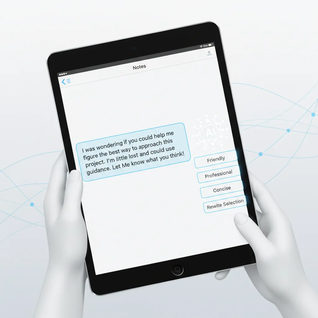 Demonstration of the new AI Writing Tools in iOS 18, showing the proofreading and rewriting feature in the Notes app.