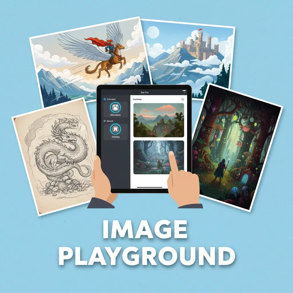 A demonstration of the Image Playground app creating AI-generated images in various artistic styles on an iPad.