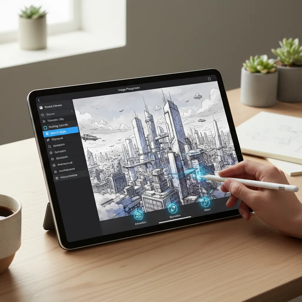 An iPad screen displaying the Image Playground app, generating a sketch of a futuristic cityscape.