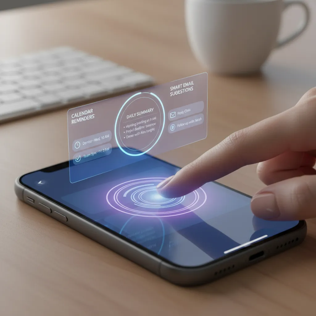 An iPhone screen showing a personalized AI assistant helping a user organize their schedule and messages.