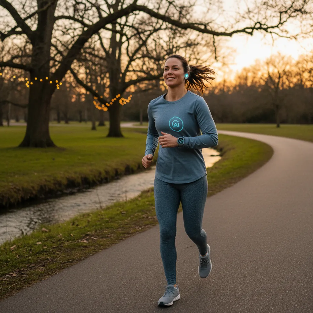 Person jogging at dusk with an illuminated AI safety wearable on their arm