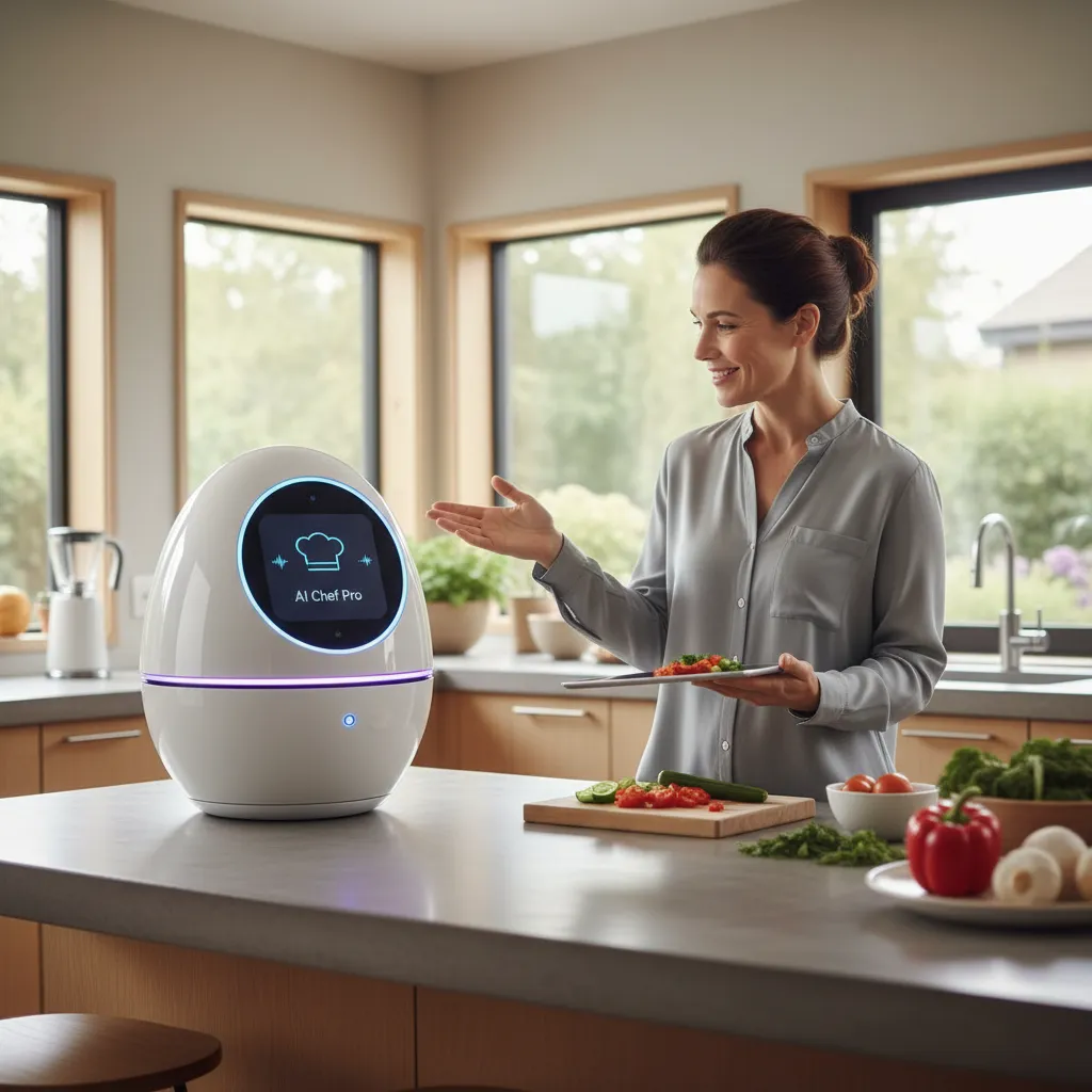Person interacting with a voice-activated domestic AI assistant robot in a kitchen