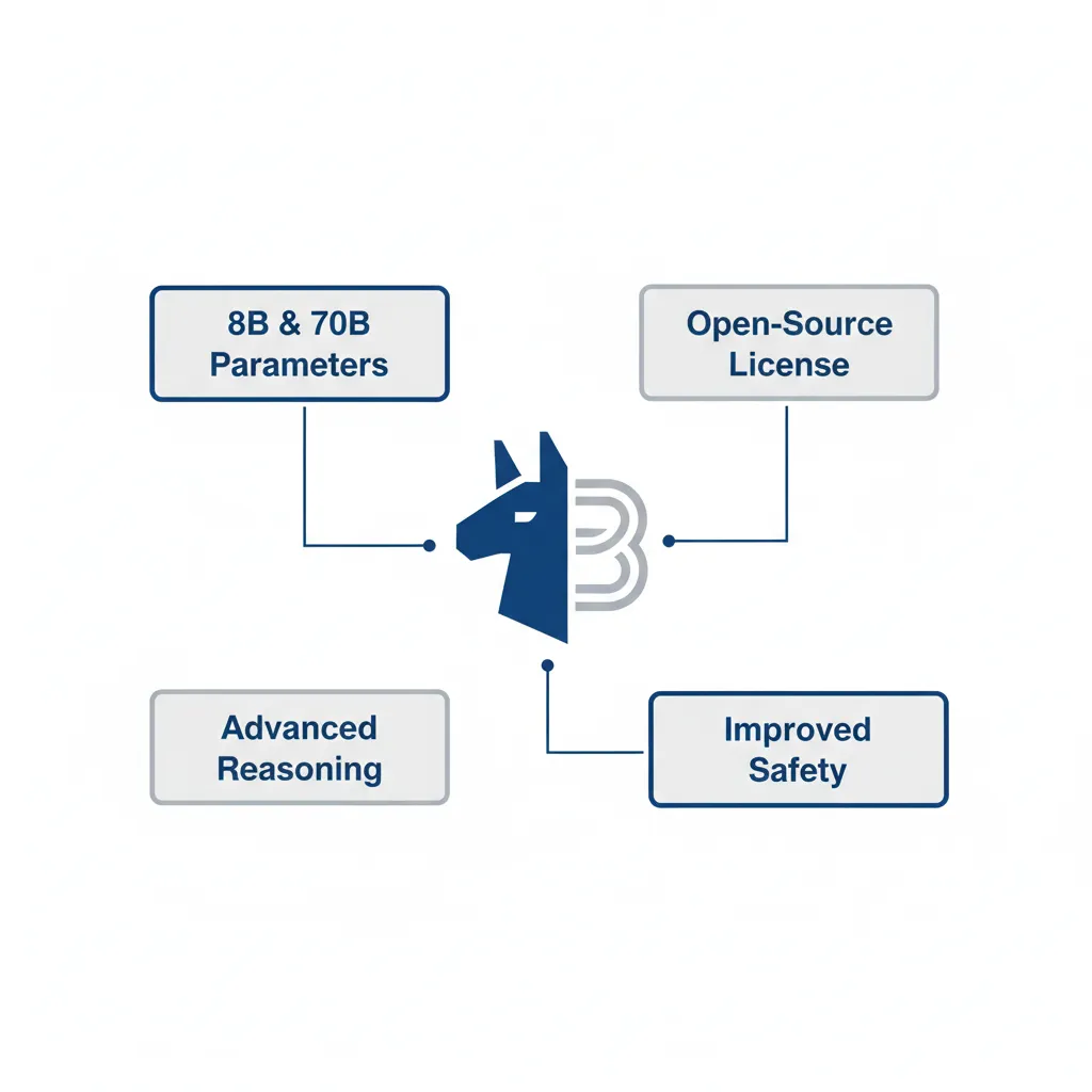 An infographic showing the key specifications of the Llama 3 model, including parameter sizes.