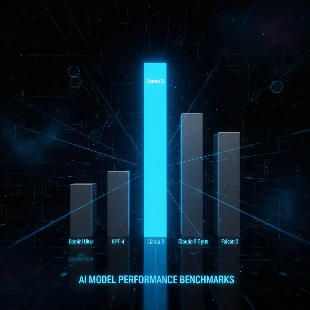 A futuristic bar chart comparing the performance benchmarks of Llama 3 against other leading AI models.