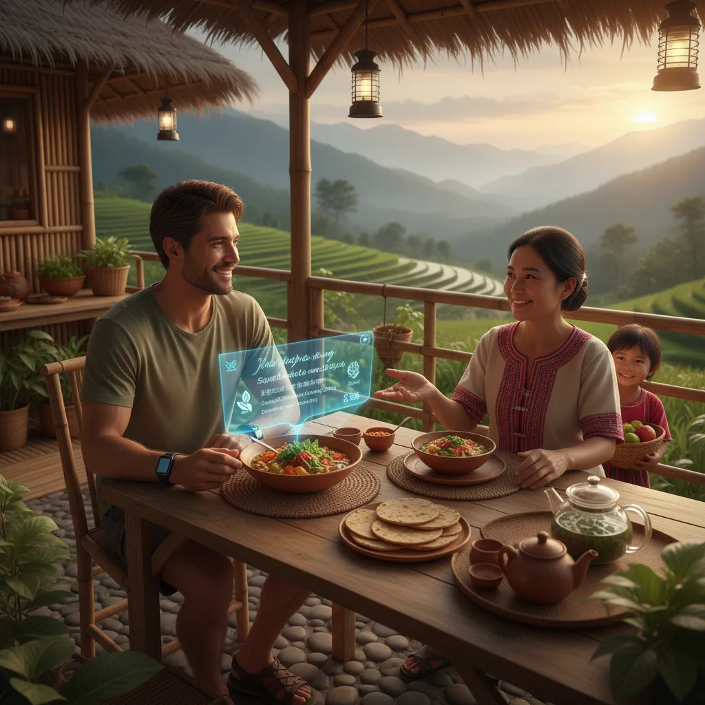 Traveler at eco-guesthouse with AI insights on a wearable