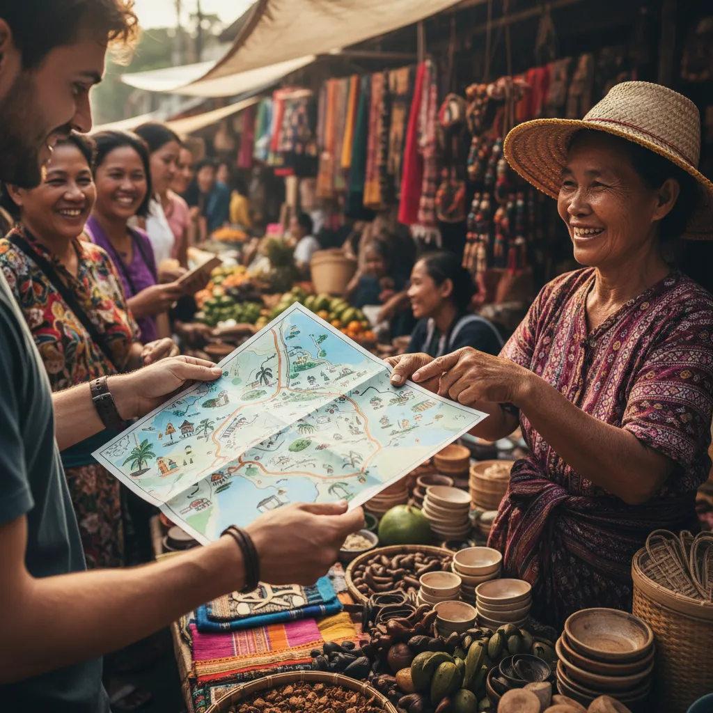 Hands holding a map at a vibrant street market, symbolizing cultural exchange and local interaction