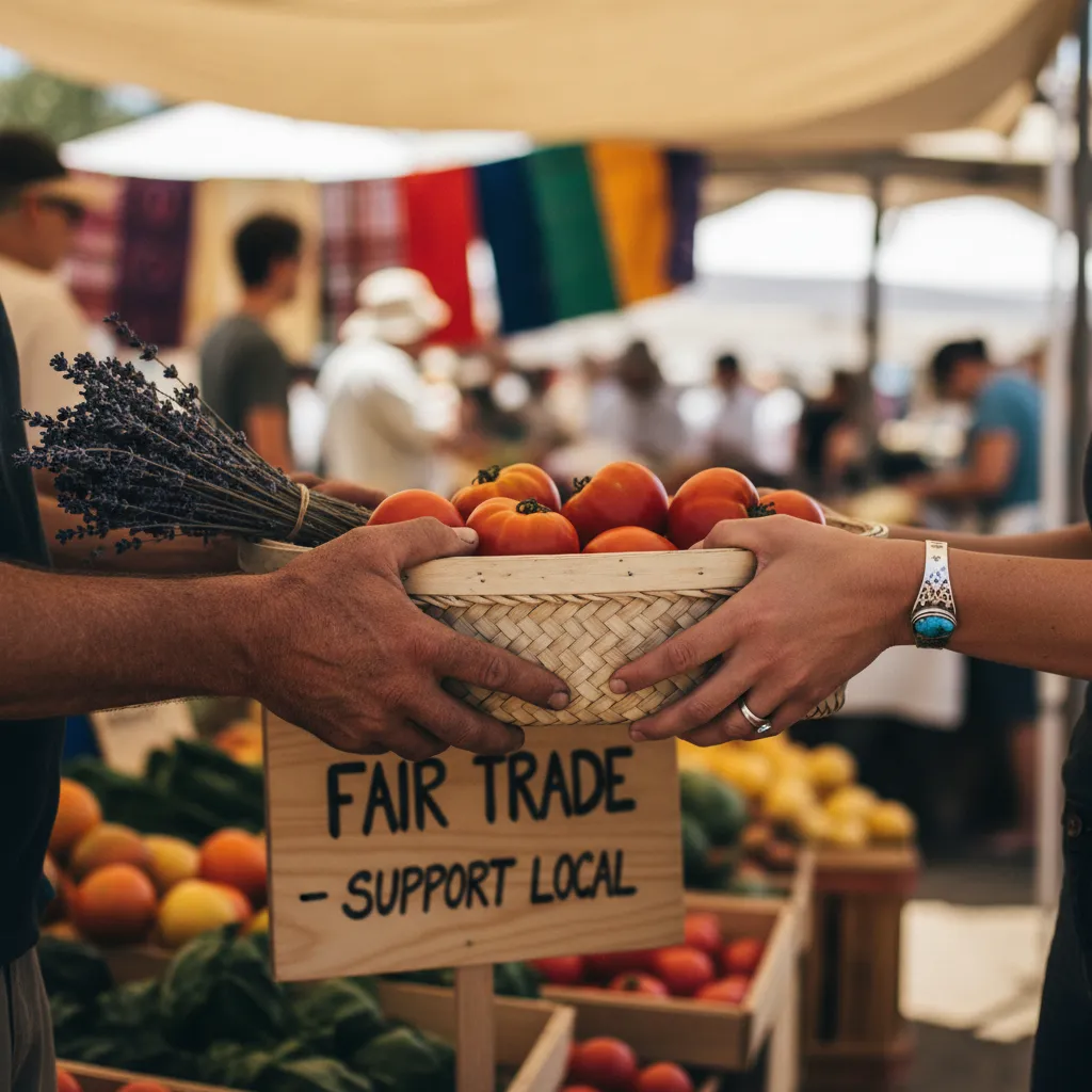 Hands exchanging goods at a local artisan market