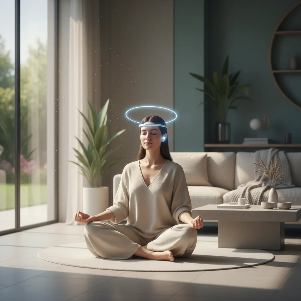 Person meditating with wearable device indicating brainwave monitoring