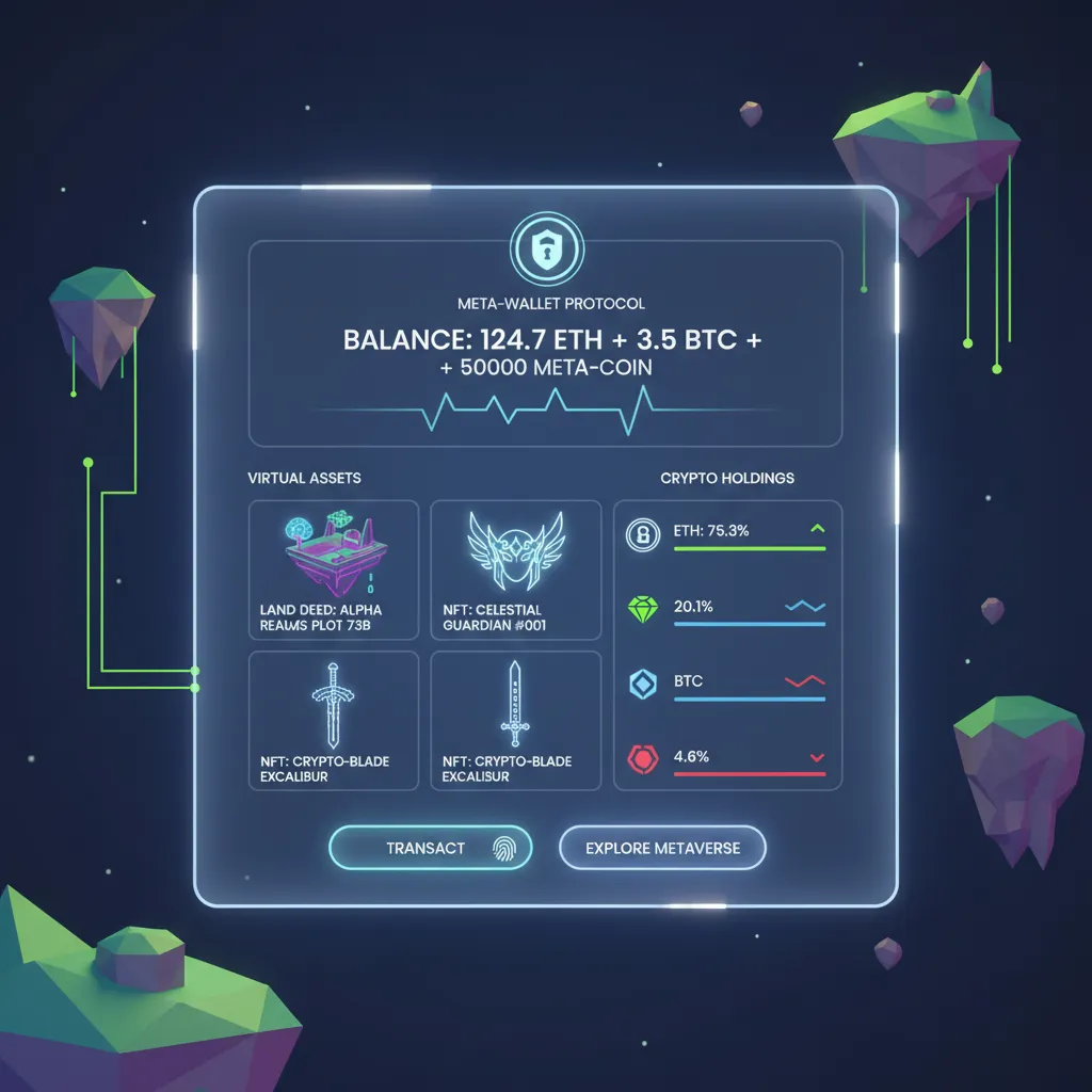 Digital wallet displaying NFTs, virtual land, and crypto in a metaverse setting.