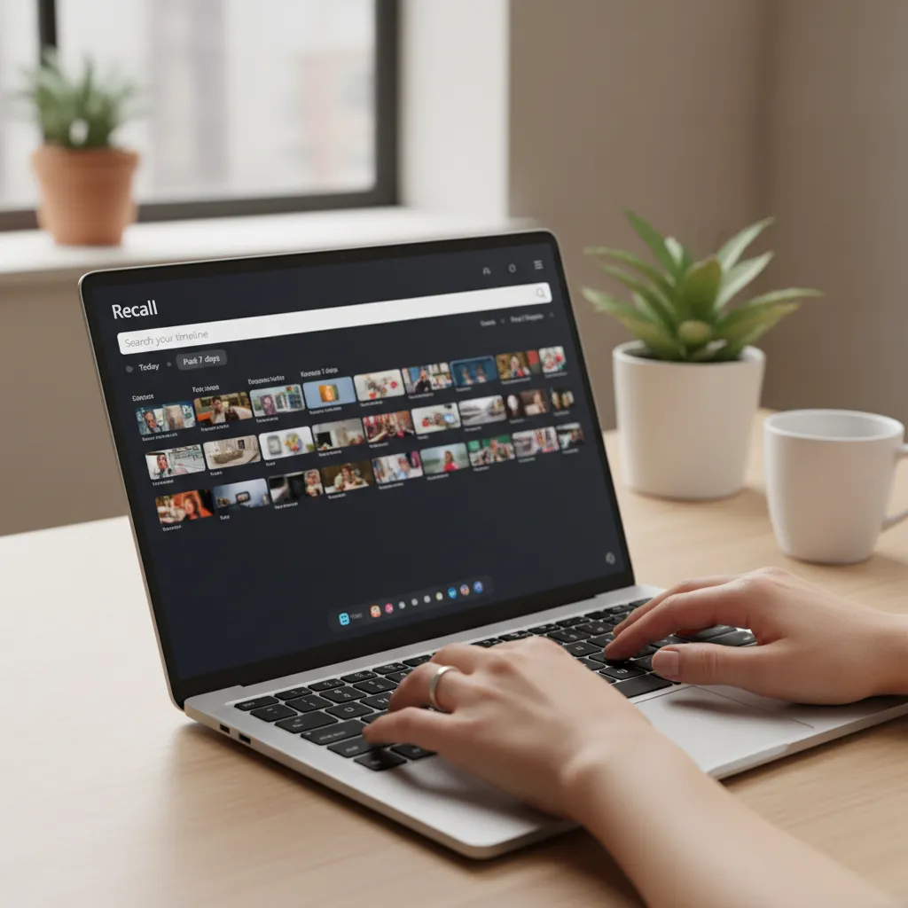 A user interacting with the new Microsoft Recall feature on a Copilot+ PC, with the timeline interface visible on screen.