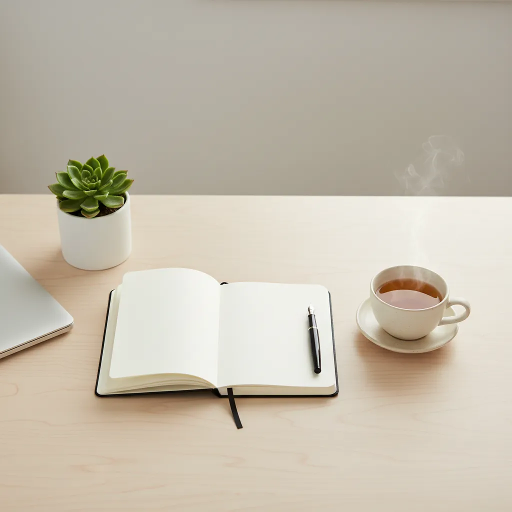 Clean desk with journal, plant, and closed laptop