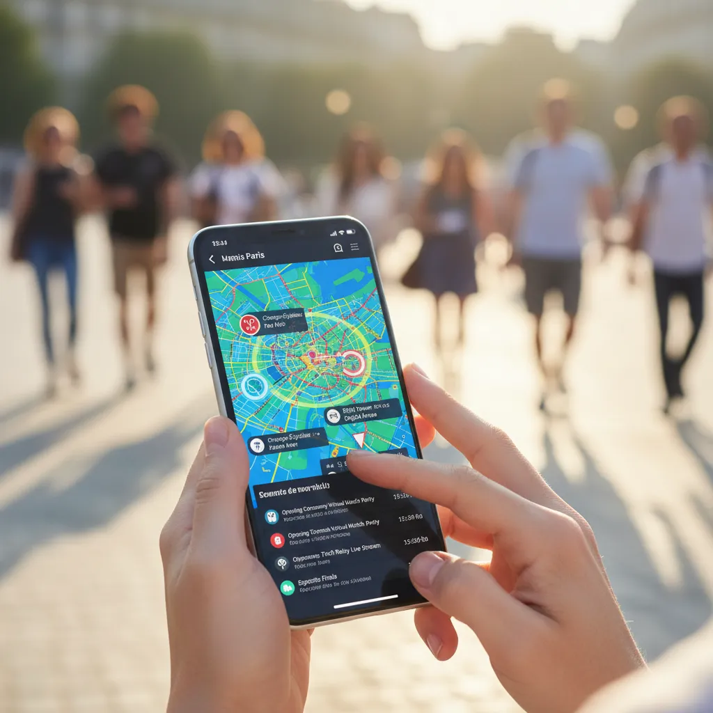 A person using a smartphone to navigate an interactive map of Paris Olympics 2024 fan zones.