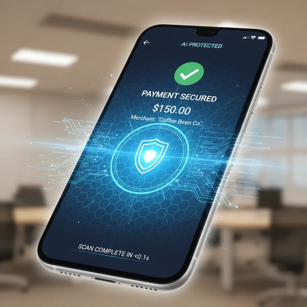 Smartphone displaying secure mobile payment with AI scan.
