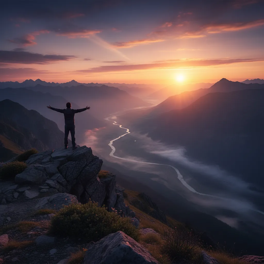 Silhouette of a person embracing a mountain sunrise view.