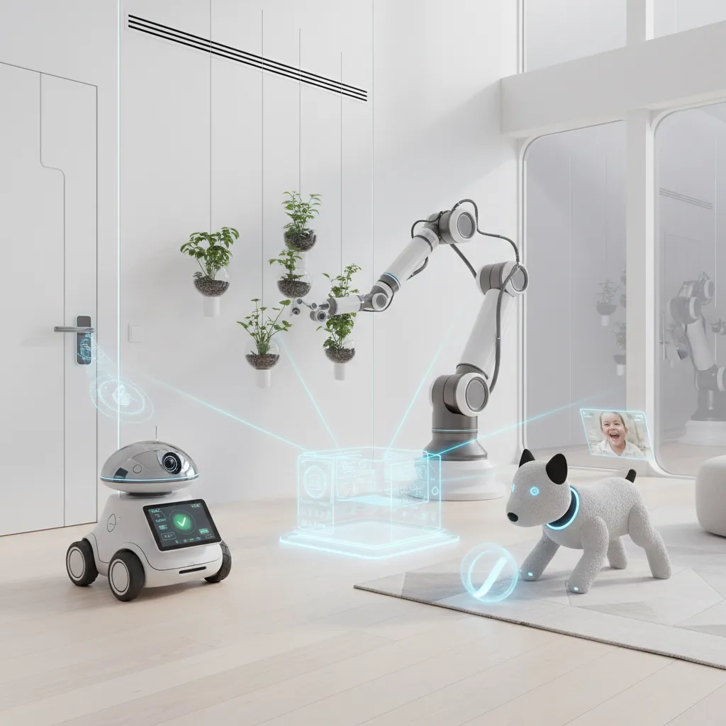 Various domestic AI robots performing different chores in a smart home
