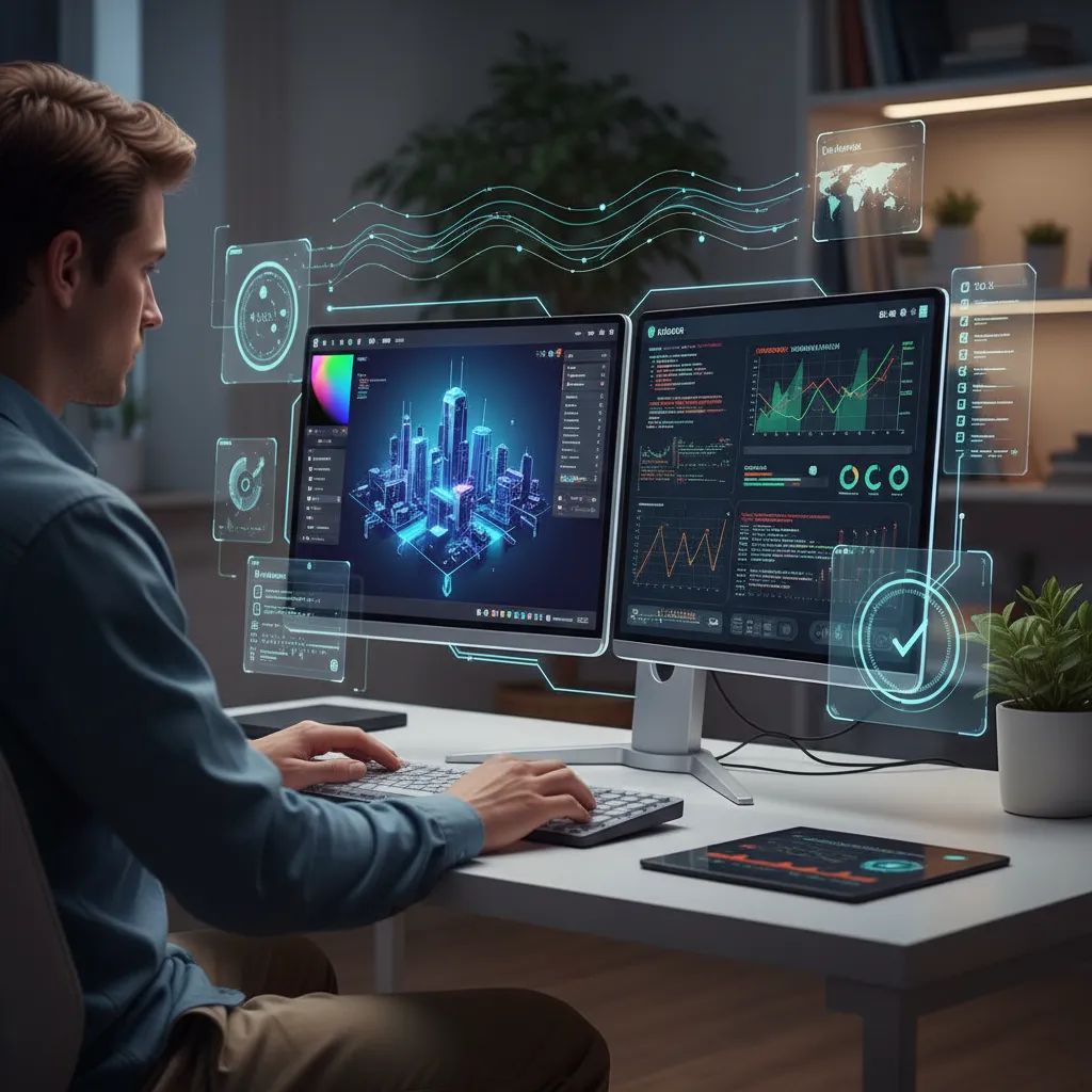 Person multitasking on AI PC with creative design and data analysis software