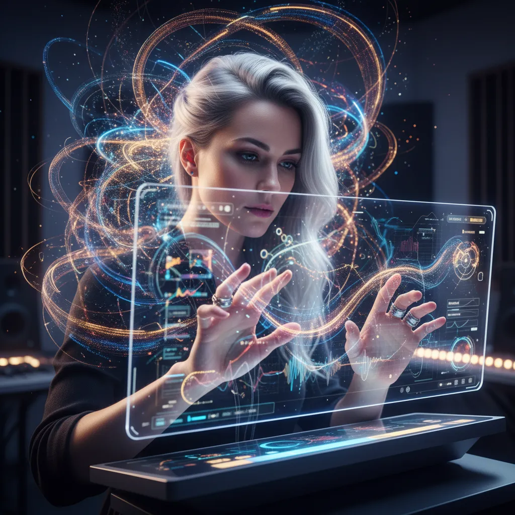 Musician interacting with AI music software on a holographic display