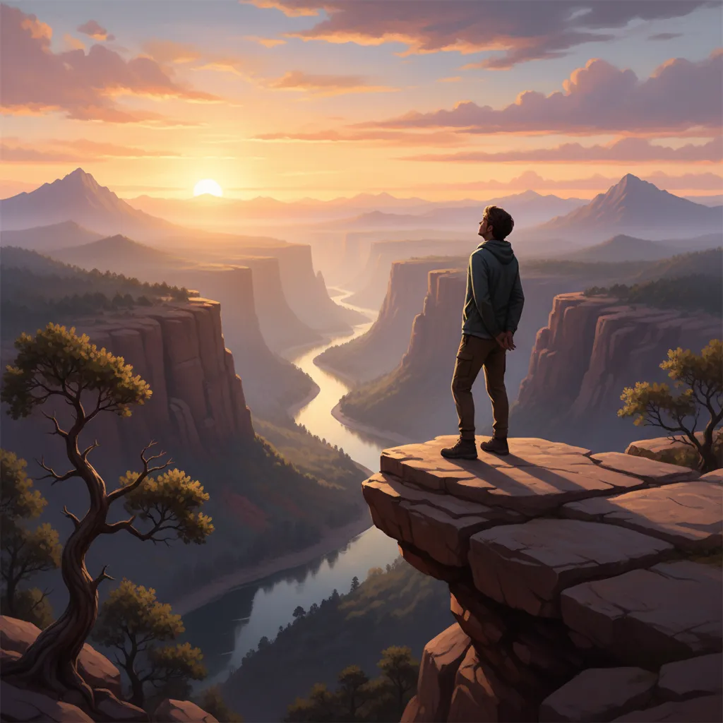 Person observing a natural landscape from a viewpoint with respect