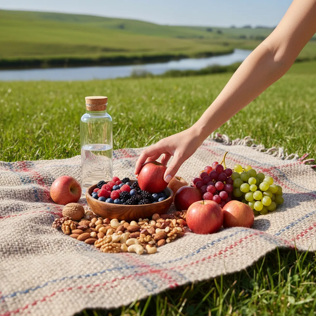 Rustic picnic blanket with healthy snacks in a grassy field.