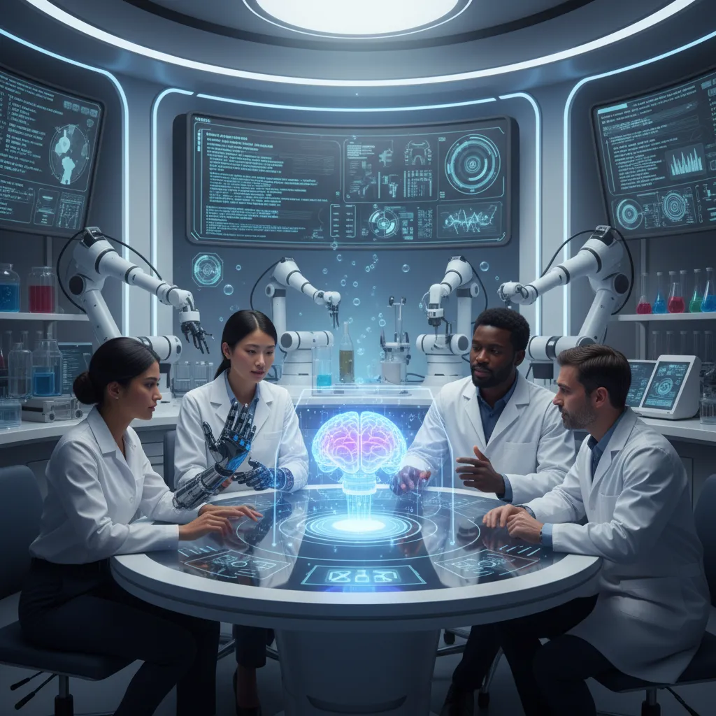 Researchers collaborating on a neuro-prosthetic prototype in a lab