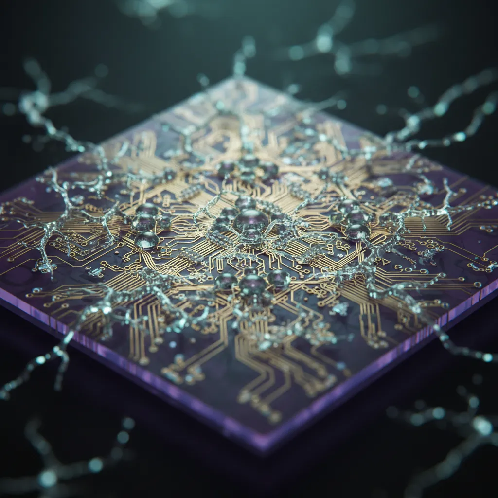 Close-up of an advanced neuromorphic chip circuit