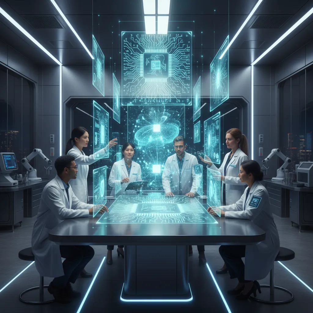 Researchers examining holographic neuromorphic designs in a lab