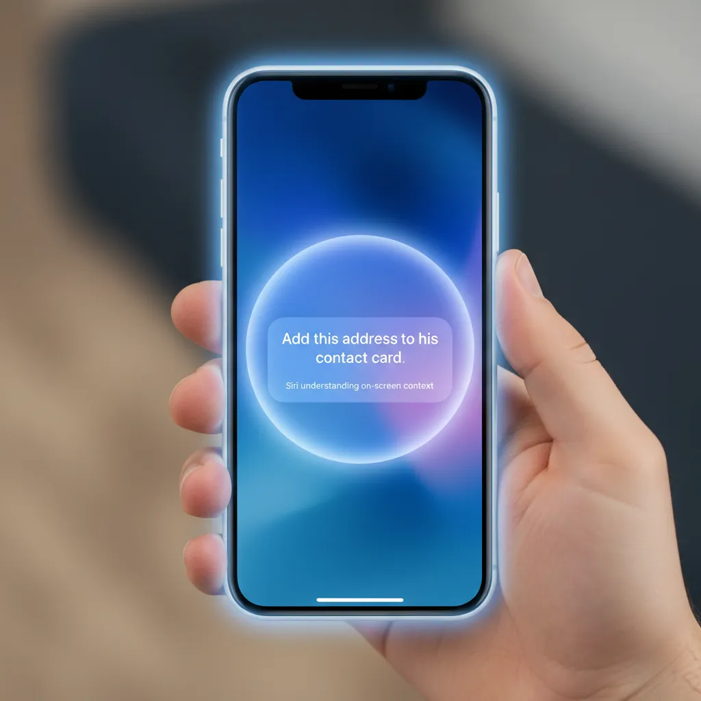A visual representation of the new Siri powered by Apple Intelligence, showing on-screen awareness and a glowing animation.