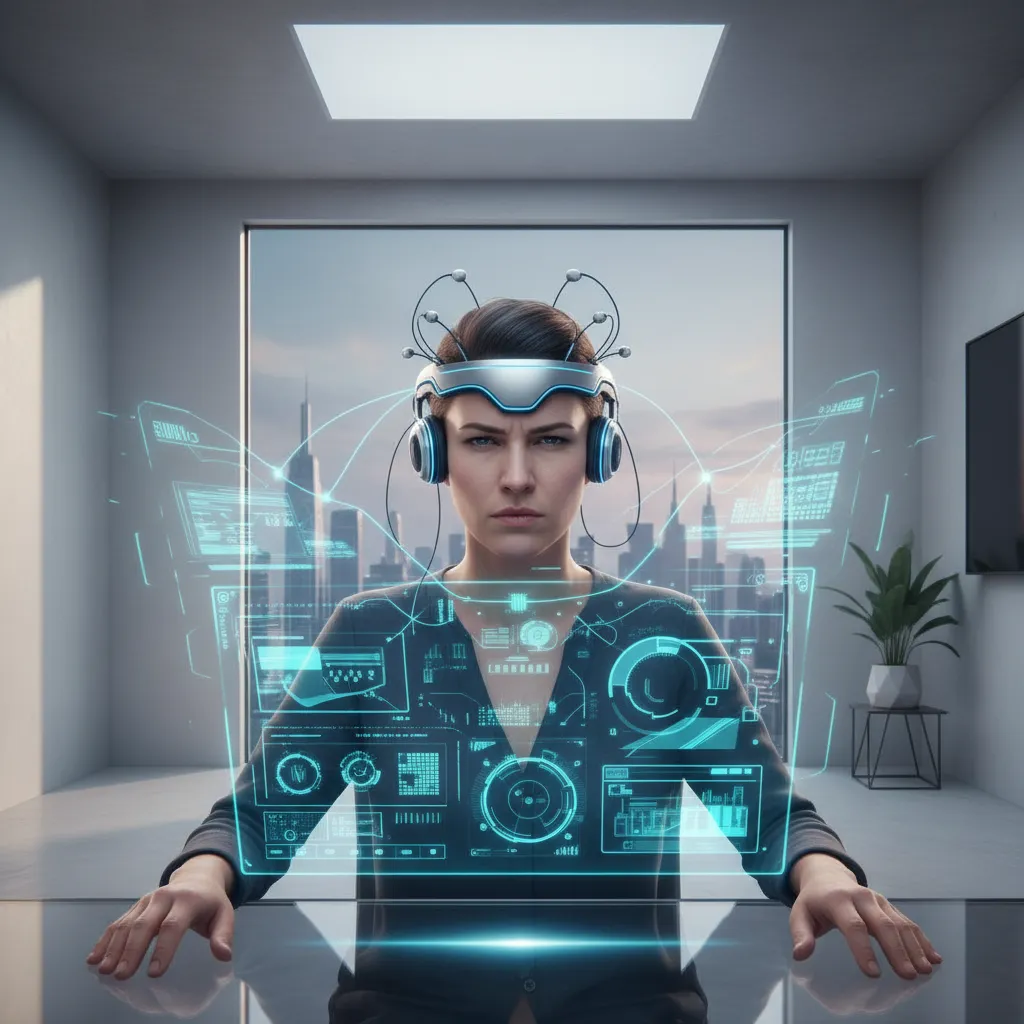 Person using a non-invasive brain-computer interface headset controlling a holographic display with thoughts