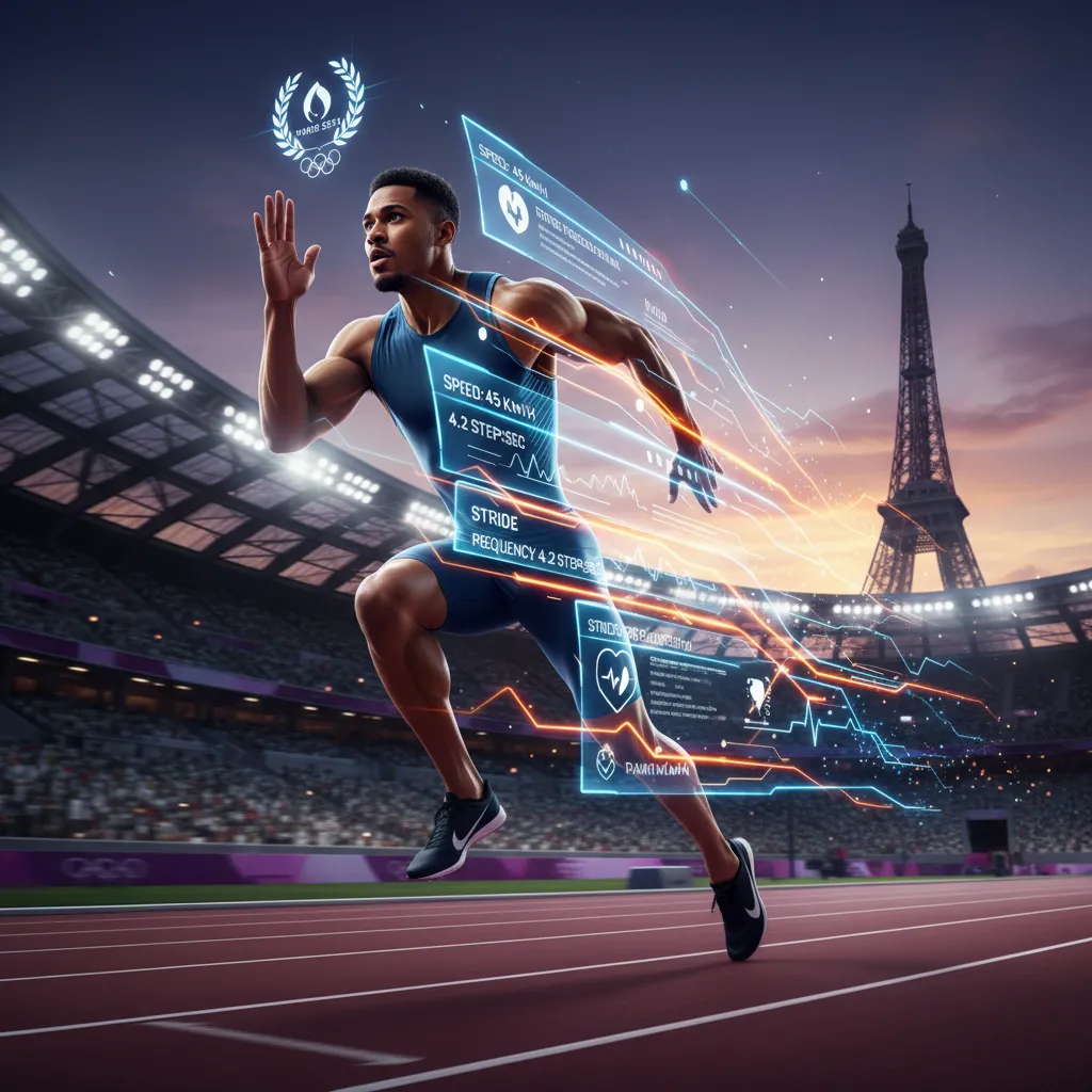 A vivid, cinematic hero image representing the convergence of AI and Olympic athleticism