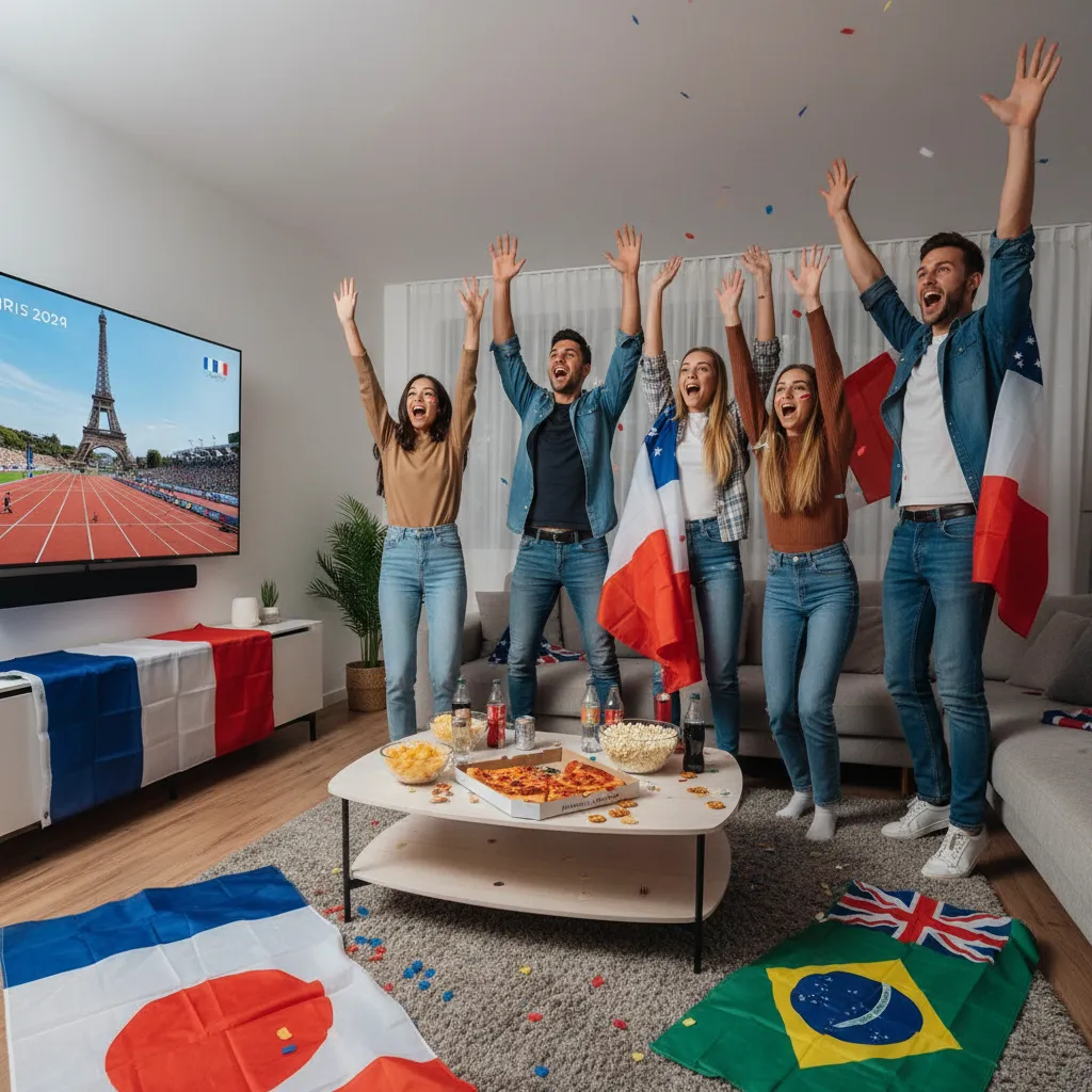 A group of friends cheering excitedly while watching the Olympics in a decorated living room, creating a home fan zone.